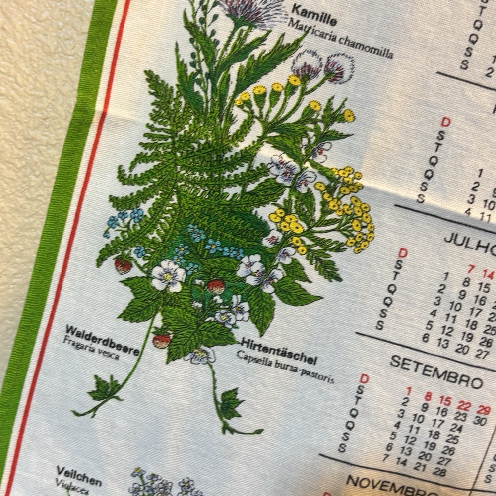 1985 Vintage Portuguese Linen Cloth Calendar Tea Towel Wall Hanging Flowers Rare - Picture 6 of 15